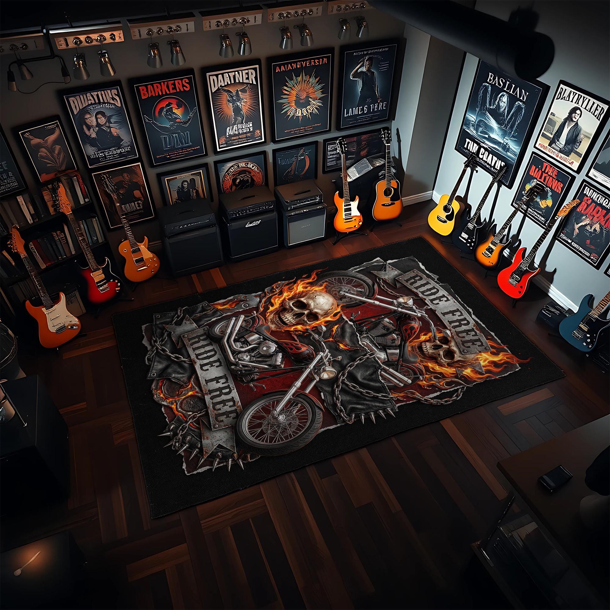 Rug Ride Free Flaming Skull Motorcycle Design for Biker Garage ...