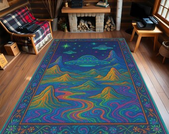 Psychedelic UFO Rug: Neon Alien Landscape, Retro Boho Decor