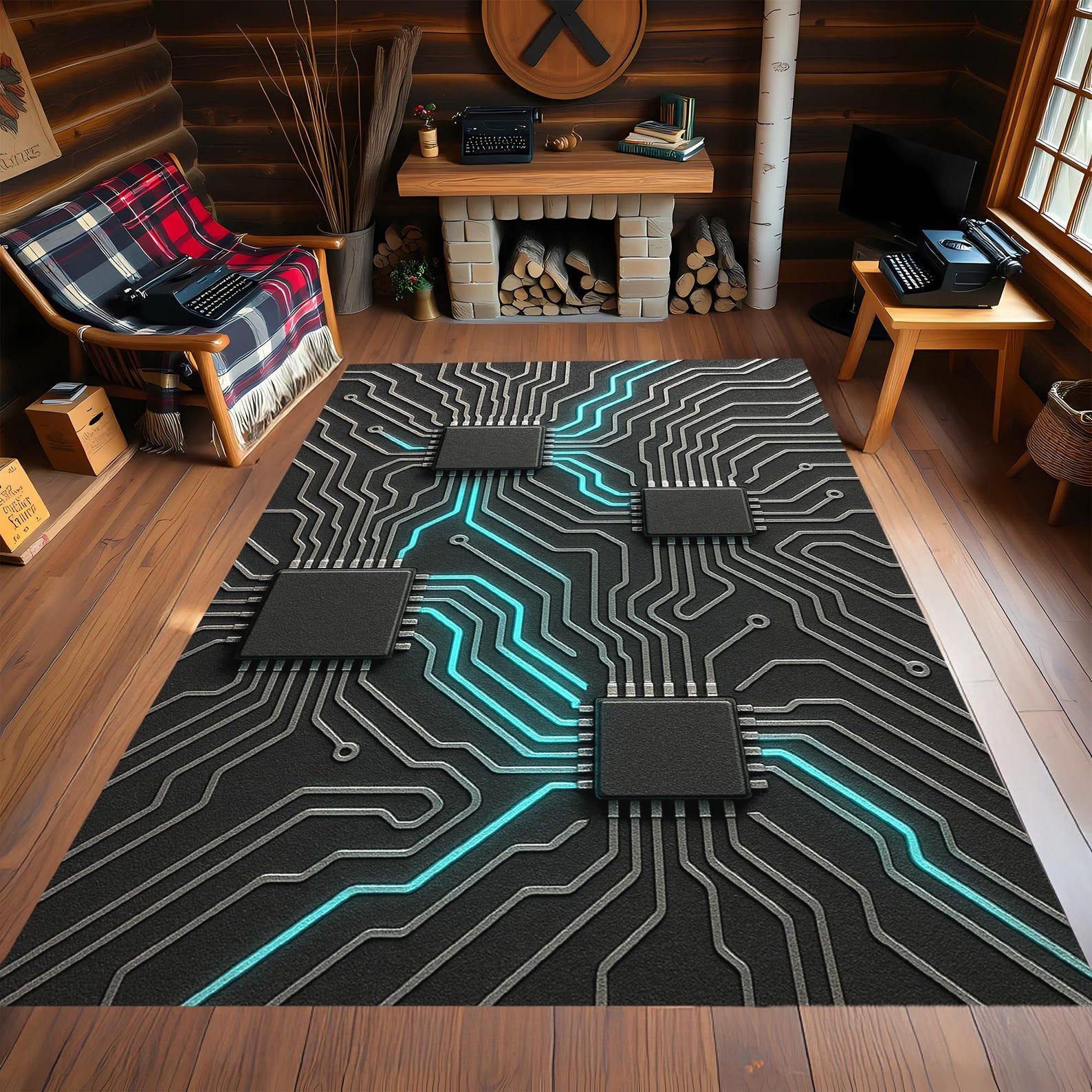Technology Rug Cyberpunk Circuit Board Rug: Black & Teal Tech Gamer Decor Futuristic ...