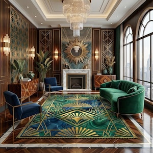May include: An opulent living room featuring a green and gold Art Deco rug, a green velvet sofa, and two blue armchairs. The room has dark wood paneling, gold accents, and a large chandelier. A fireplace and large windows complete the elegant design.