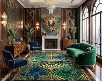 Luxury Art Deco Rug Geometric Emerald Green Gold Area Living Room Vintage Inspired Carpet