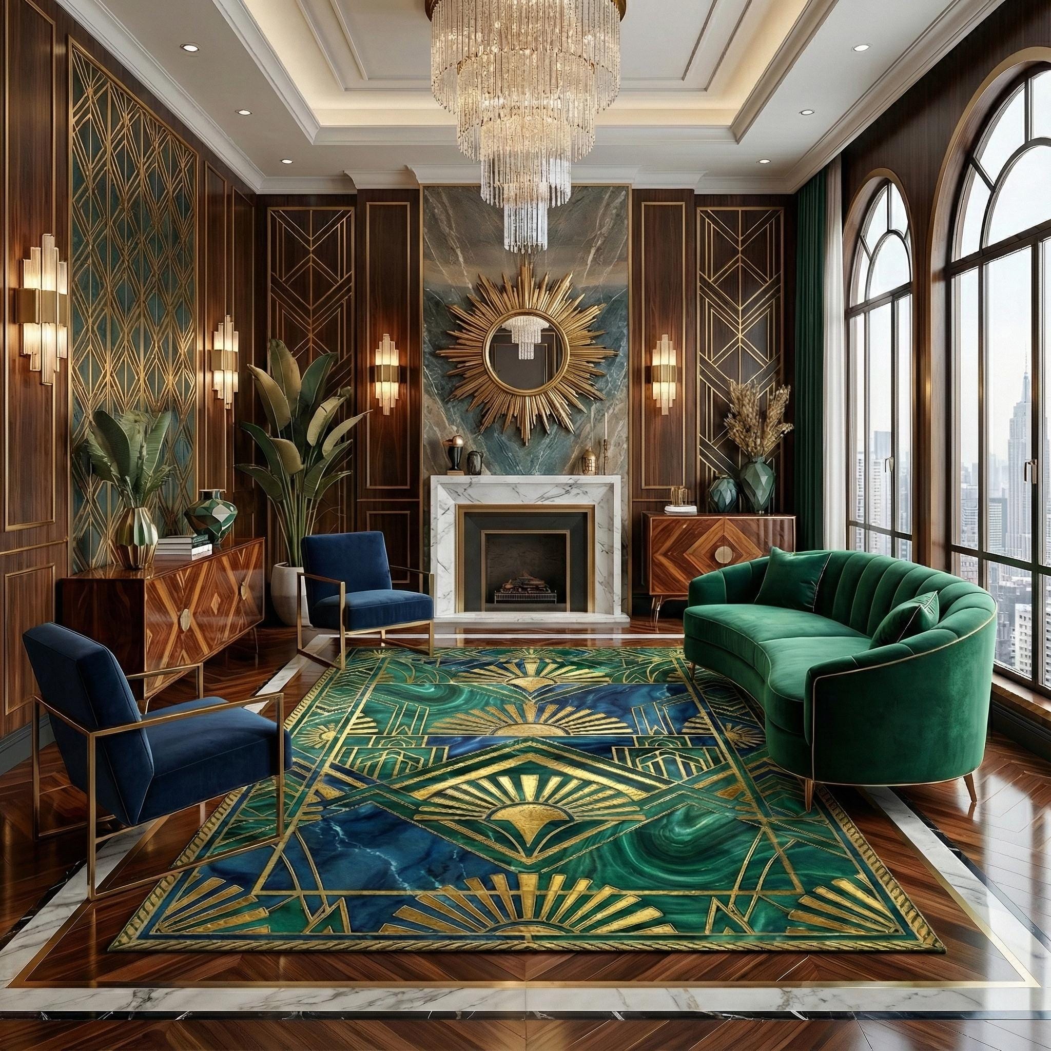 Luxury Art Deco Rug Geometric Emerald Green Gold Area Living Room