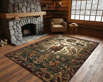 Rug Rustic Woodland Lodge with Deer Bear Squirrel Owl Design for Cabin Decor Idea