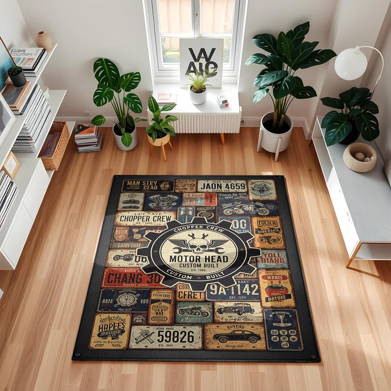 Garage Shop Rug Rug Vintage Garage Style Print for Industrial Man Cave or Motorcycle ...