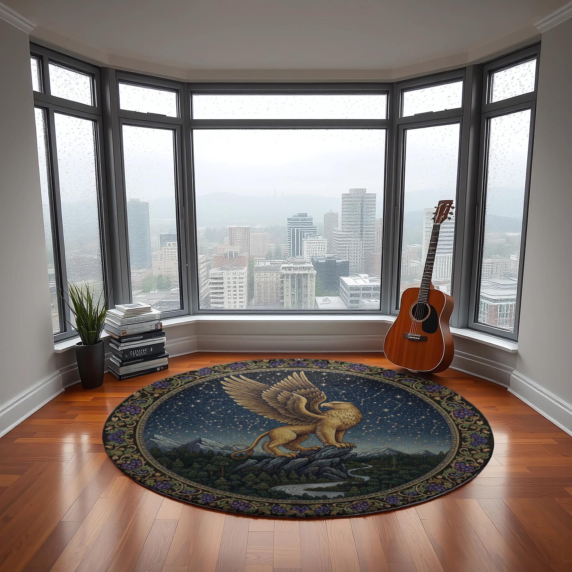 Fantasy Rug Collection Mythical Griffin Round Rug With Constellation Sky and Forest Scene ...