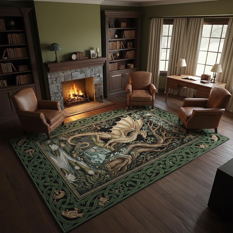 Fantasy Dragon Rug With Celtic Knot Border | Mythical Tree & Medieval ...