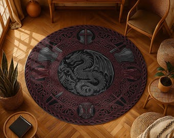 Medieval Dragon Round Rug with Celtic Border and Knight Armor Motifs, Gothic Fantasy Carpet