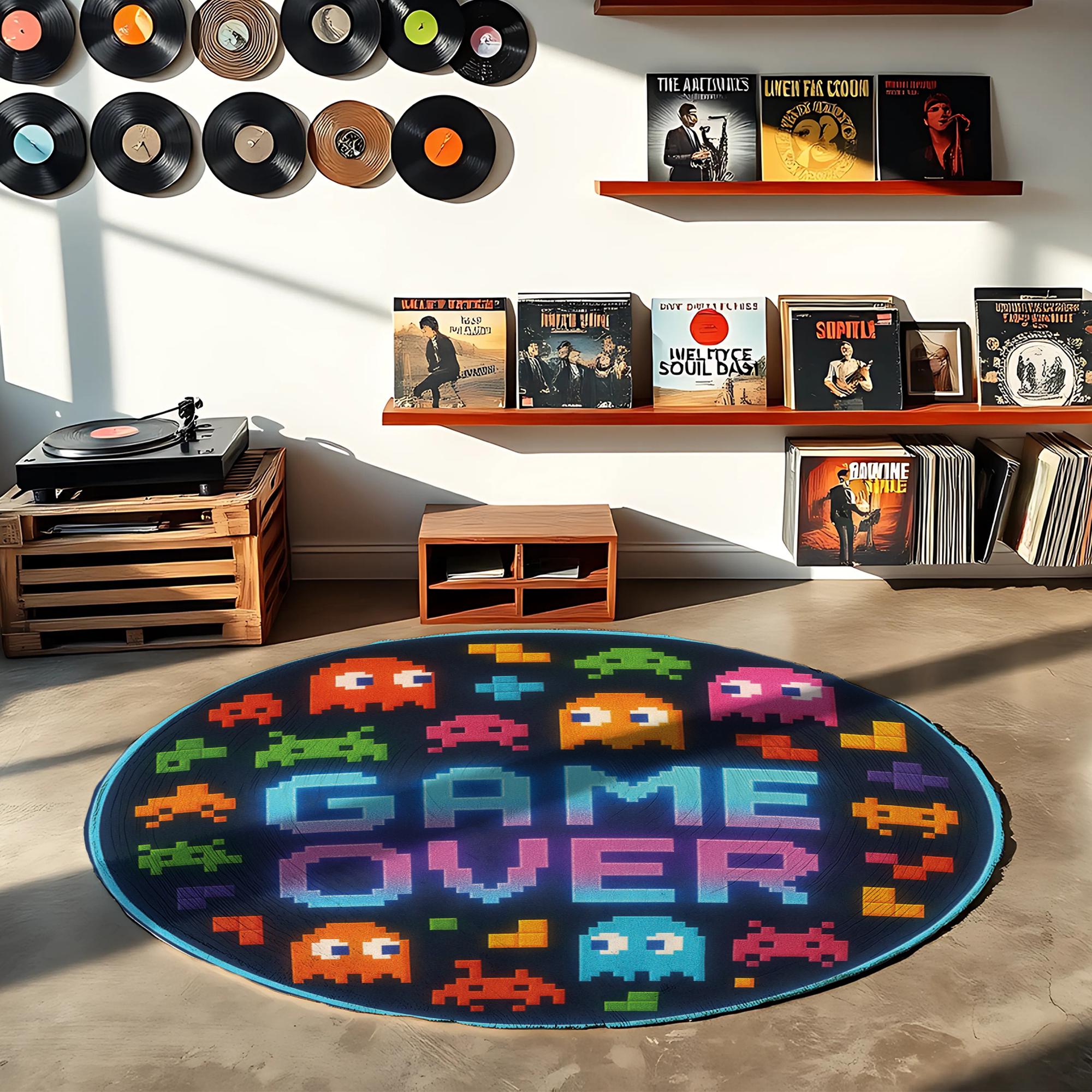 Game Over Rugs Retro Gamer Room Rug, Game Over Design, Classic Arcade Pixel Characters ...