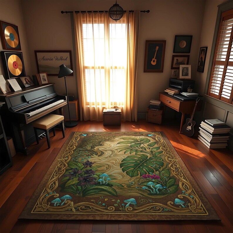 May include: A large rectangular area rug with a botanical design featuring large green leaves, purple flowers, and blue mushrooms. The rug has a brown border and is placed on a hardwood floor.