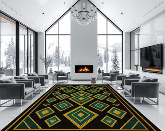Art Deco Green and Gold Geometric Rug: Emerald Diamond Accent Rug