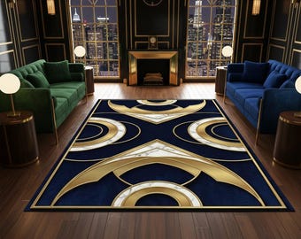May include: A navy blue area rug with a geometric design in gold and white. The rug features a central X-shaped pattern with curved lines and marble-like accents. The rug is placed in a luxurious room with green and blue sofas.