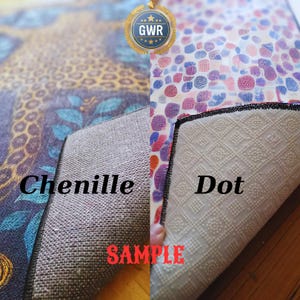 May include: A split image showcasing two rug samples. One side features a chenille backing with a leopard print design, while the other displays a dot pattern with a non-slip backing. The word "SAMPLE" is printed in red.