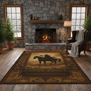 May include: Rectangular rug featuring a cowboy on horseback illustration. The rug has a brown and gold border with a decorative scroll design. The background includes a fireplace, armchair, and windows, creating a rustic feel.