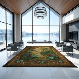 May include: A large rectangular area rug with a detailed forest scene. The rug features a brown border with a gold filigree design. The central design includes green leaves, blue mushrooms, and purple flowers.