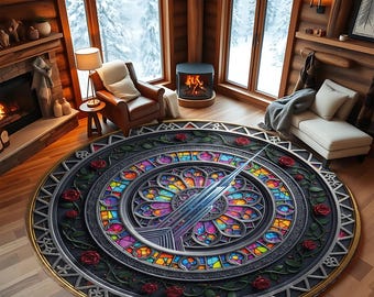 Stained Glass Skyscraper Round Rug: Gothic Rose Window, Non-Slip
