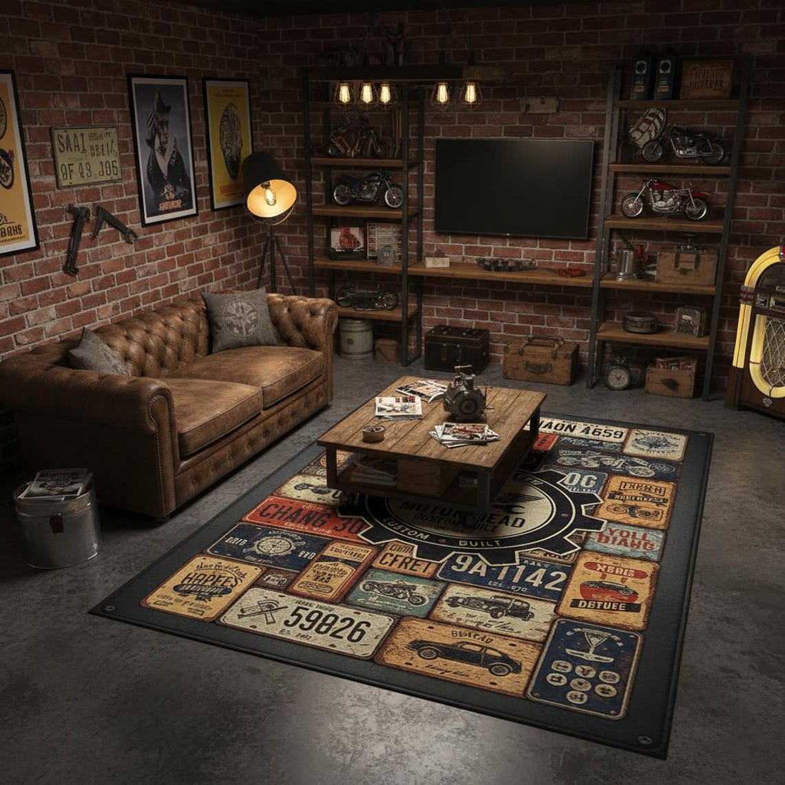 Rug Vintage Garage Style Print for Industrial Man Cave or Motorcycle ...