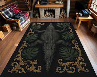 Tropical Alligator Area Rug with Dark Jungle Leaves and Crocodile Ornate Botanical Gold Accents