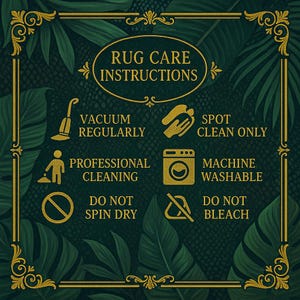 May include: A decorative sign with rug care instructions. The sign features gold text and icons on a dark green background with a tropical leaf pattern. Instructions include vacuuming regularly, spot cleaning only, professional cleaning, machine washable, do not spin dry, and do not bleach.