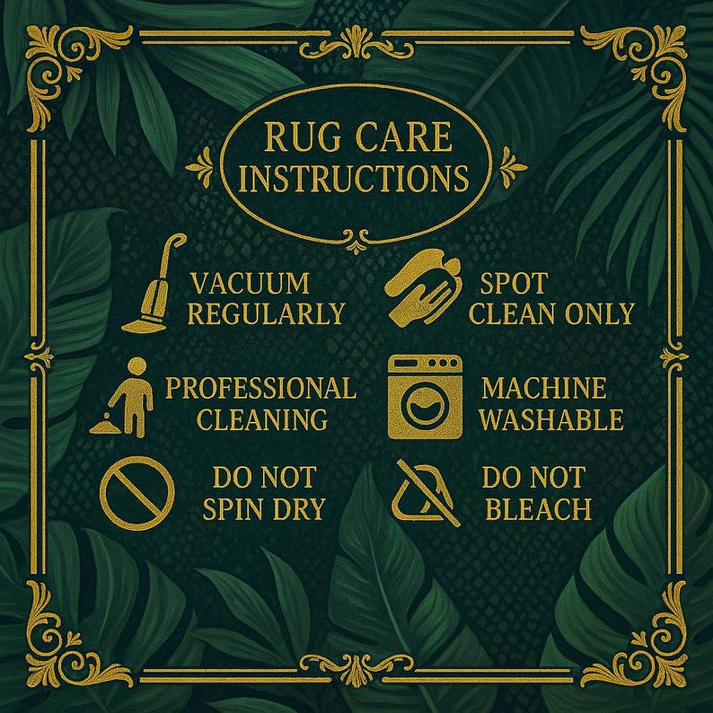 May include: A decorative sign with rug care instructions. The sign features gold text and icons on a dark green background with a tropical leaf pattern. Instructions include vacuuming regularly, spot cleaning only, professional cleaning, machine washable, do not spin dry, and do not bleach.