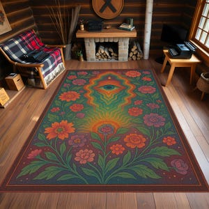 May include: A rectangular area rug with a floral design and an eye motif. The rug features a dark blue background with orange, pink, and green flowers. The central design includes a radiant sun and an eye, with a rainbow-colored aura.