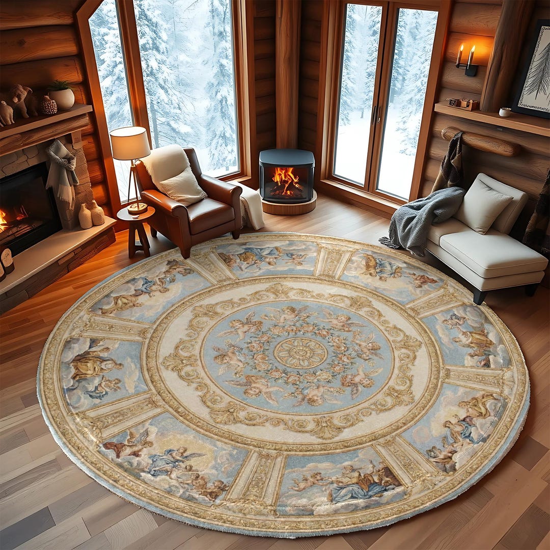 Round Baroque Rug Baroque Style Round Rug With Cherubs Sky Motif Blue and Gold ...