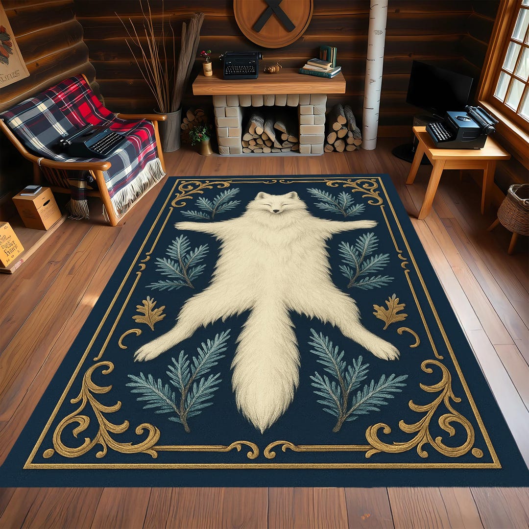 Texture Fox Hunt Rug Faux Fox Pelt Rug With Gold Scroll Border and Evergreen Leaf Motif in ...