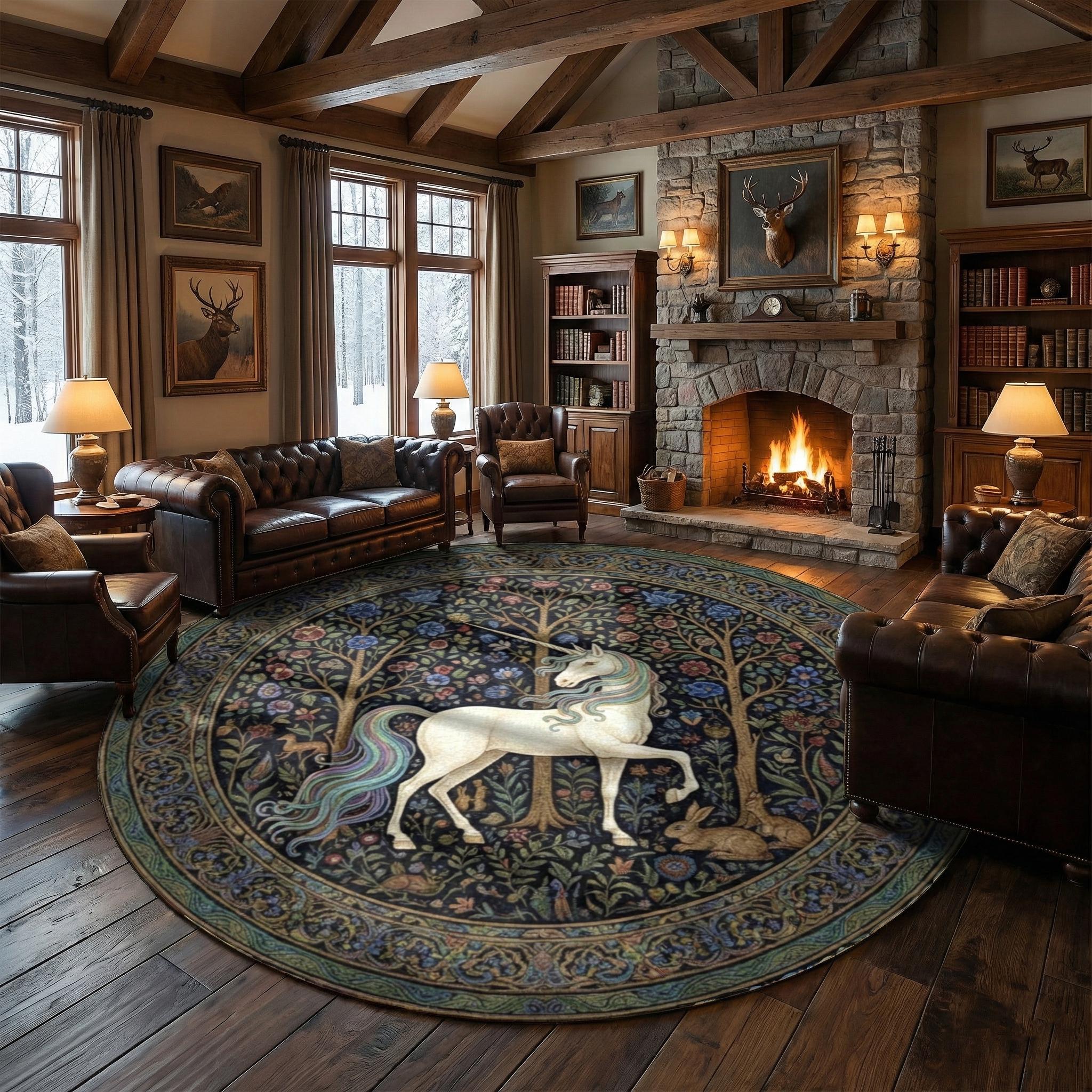 Colorful Rug Medieval Medieval Unicorn Round Rug With Enchanted Forest Scene Fantasy Castle ...
