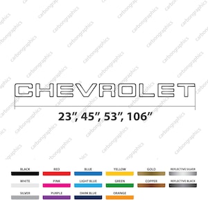 May include: A black and white outline of the word "CHEVROLET" with the text "23", "45", "53", "106" below. A color chart with various colors including black, white, silver, red, pink, purple, blue, light blue, dark blue, yellow, green, orange, gold, copper, reflective silver, and reflective black.