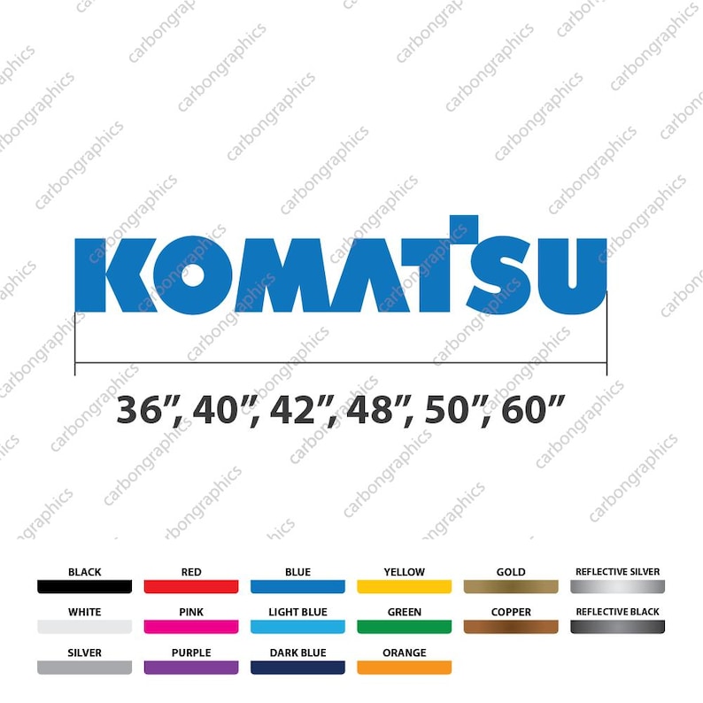 May include: Blue "KOMATSU" logo with size options from 36" to 60" and color swatches. Available colors include black, red, blue, yellow, gold, reflective silver, white, pink, light blue, green, copper, reflective black, silver, purple, dark blue, and orange.