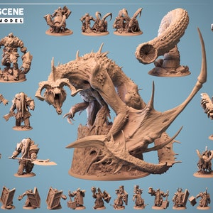 Tusk and Steel | Rescale Miniatures | Legendary Black Chromatic Dragon | Loxodon | Dwarf Soldier | Wurm | Purple Worm | D&D | TTRPG | Mini