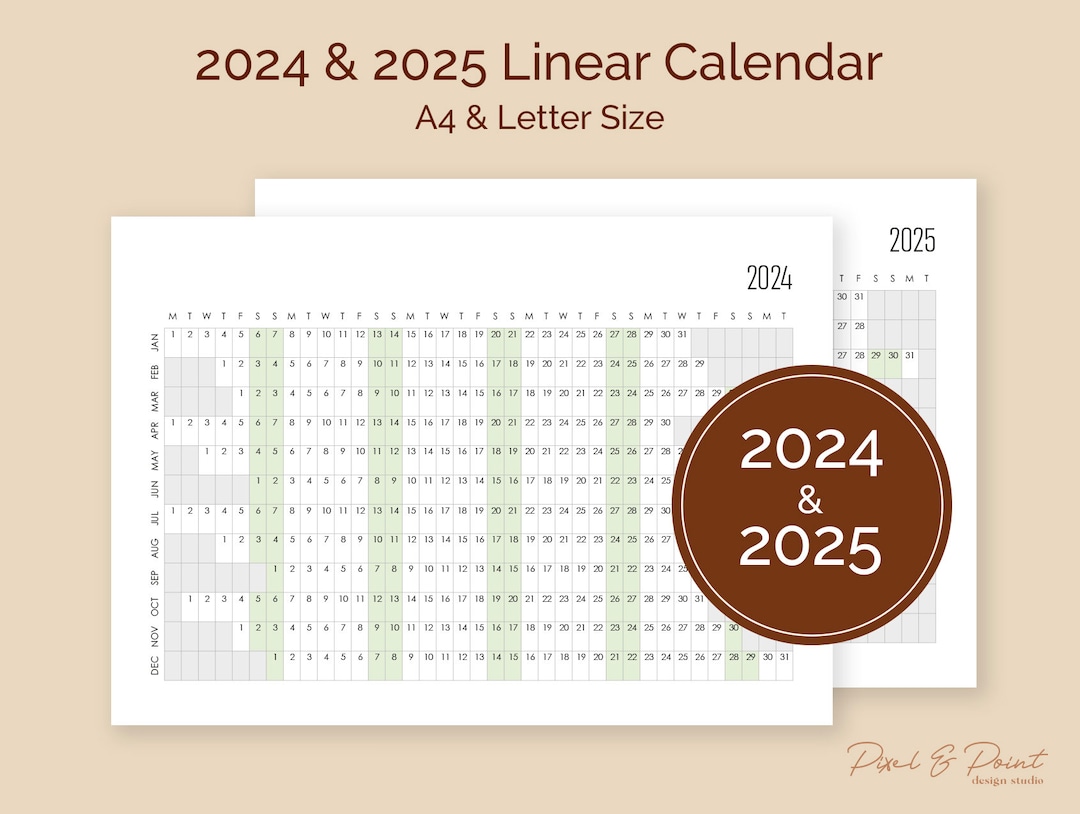 Printable Horizontal Yearly Calendar, Linear Planner, A4 or Letter