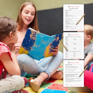 May include: A woman reads a colorful book to two children. Three employment application forms with gold pens are in the background. The forms are for a daycare company.