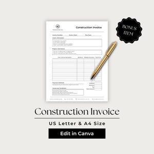 Può includere: Un modello di fattura per lavori di costruzione bianco con testo e linee nere, che include campi per le informazioni sul cliente e sul progetto, metodi di pagamento e termini. Una penna a sfera dorata poggia sul documento, con un badge BONUS ITEM.