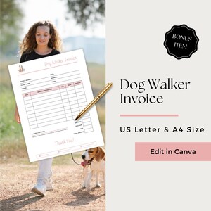 May include: A printable dog walker invoice template in US Letter and A4 size. The template has fields for invoice number, date, client name, address, email, phone, service description, quantity, rate, amount, subtotal, discount, tax, and total amount. The template also includes a payment methods section and a thank you message.