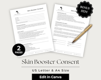 May include: Two pages of a Skin Booster Consent form with black text on white paper. The documents include sections for client information, medical history, and aftercare instructions. A gold pen rests on the right page, and a black badge reads BONUS ITEM.
