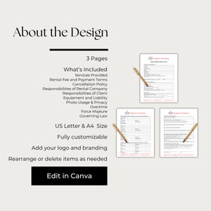 May include: A design layout with the text "About the Design" and "3 Pages." The image includes a list of included items, US Letter & A4 size, and the option to edit in Canva. Three employment application forms are also shown.