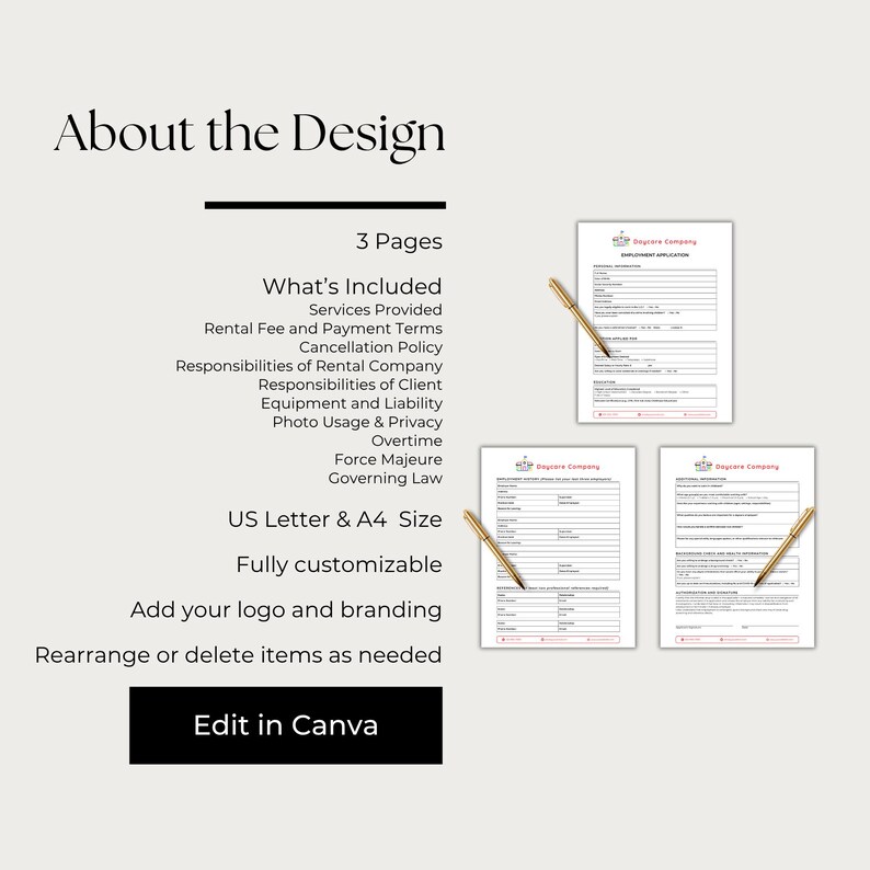 May include: A design layout with the text "About the Design" and "3 Pages." The image includes a list of included items, US Letter & A4 size, and the option to edit in Canva. Three employment application forms are also shown.