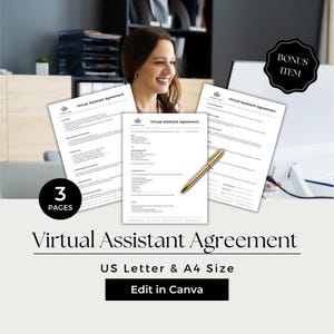 May include: A mockup of a Virtual Assistant Agreement document, with the text "Virtual Assistant Agreement" and "US Letter & A4 Size". The image includes a gold pen and a woman smiling in the background. The document is labeled as 3 pages and a bonus item.