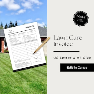 May include: A black and white printable lawn care invoice template with the text "Lawn Care Invoice" and "US Letter & A4 Size" in a white box. The template includes fields for invoice number, invoice date, due date, landscaping company, bill to, item service description, qty/hours, unit price, amount, payment methods, terms and conditions, subtotal, discount, total amount. The template is designed to be edited in Canva.