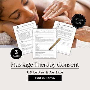 Könnte beinhalten: Bild eines Einverständniserklärung für eine Massage mit dem Text "Massage Therapy Consent" und "US Letter & A4 Size". Das Bild zeigt drei Seiten des Formulars, einen goldenen Stift und eine Person, die eine Massage erhält. Das Bild enthält auch den Text "Edit in Canva".