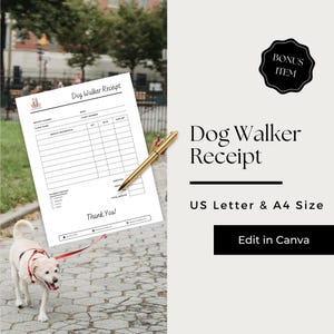 May include: A printable dog walker receipt template in black and white. The template includes fields for receipt number, client name, date, service description, quantity, rate, amount, payment method, subtotal, total amount, and a thank you message. The template is designed for use with US Letter and A4 size paper.