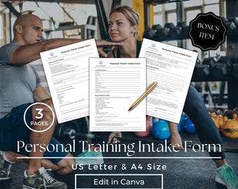 May include: Image of a personal training intake form with the text "Personal Training Intake Form" and "US Letter & A4 Size". The image shows three pages of the form, a gold pen, and people in a gym setting.