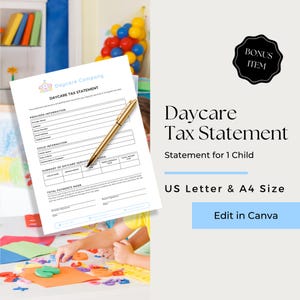 Daycare Tax Statement, End of Year Daycare Statement, Child Care Tax Receipt, Daycare Tax Form for Parents, CCB105-1