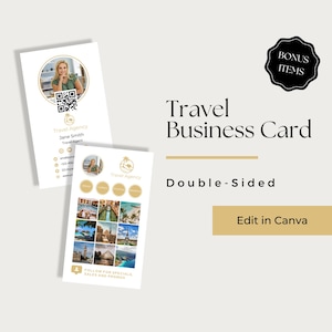 May include: A double-sided travel business card design. The card features a photo of a travel agent, a QR code, and contact information. The back of the card showcases travel photos. The design includes the text "Travel Business Card" and "Edit in Canva."
