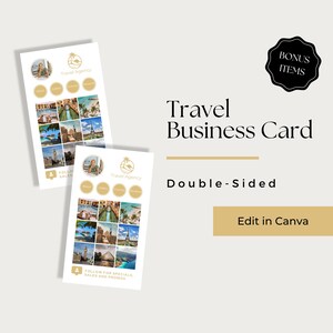 May include: Double-sided business card template for a travel agency. The front features a logo with a palm tree and the words "Travel Agency". The back features a collage of travel photos and the text "Follow for specials, sales and promos".