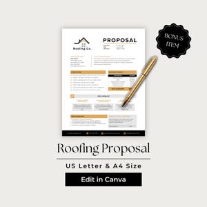 May include: A roofing proposal document template featuring a house icon logo, sections for scope of work, investment summary, and terms, with a gold pen resting on the page and a black circular badge labeled BONUS ITEM in the upper right corner.