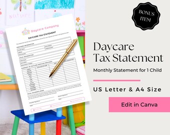 Child Care Tax Statement, Daycare Tax Statement, End of Year Daycare Statement, Child Care Tax Receipt, CCB101
