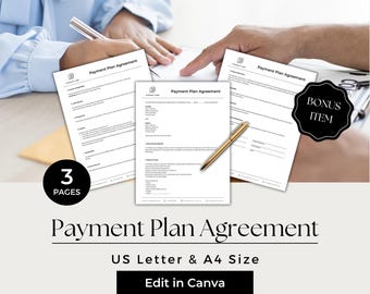 Payment Plan Agreement Template, Payment Agreement Contract Template, Payment Agreement Form, Agreement to Pay Contract, BES101-1