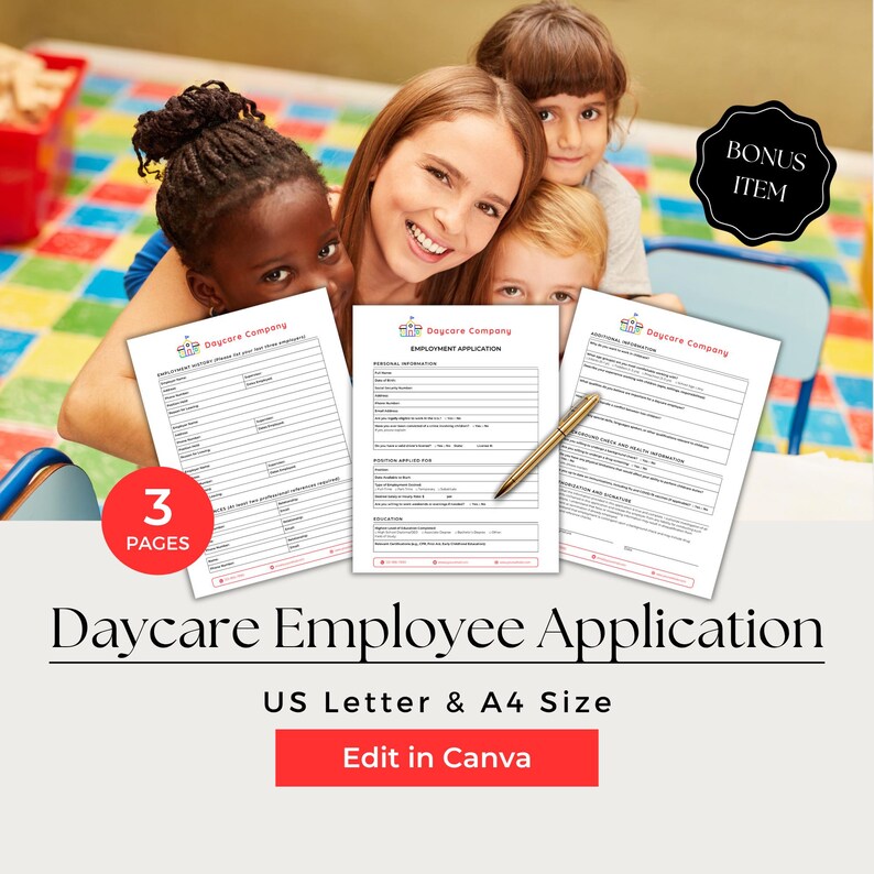 May include: Daycare employee application with three pages, US Letter and A4 size. The image shows a group of people smiling behind the application forms. A gold pen rests on one of the forms. The text "Daycare Employee Application" is displayed.