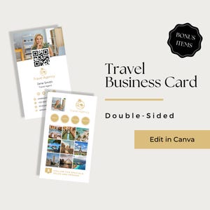 May include: Double-sided business card template for a travel agency. The front side features a photo of a woman and a QR code. The back side features a collage of travel photos and the text "Follow for specials, sales and promos".